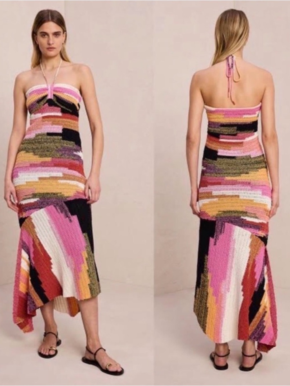 A.L.C. Multicolor Strapless Knit Maxi Dress in Pink, Black & Orange